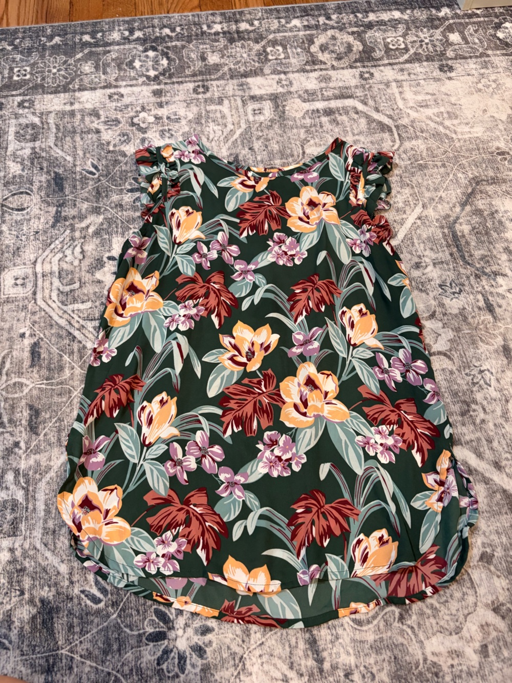 LOFT Dark Green Tropical Floral Ruffle-Sleeve Camisole